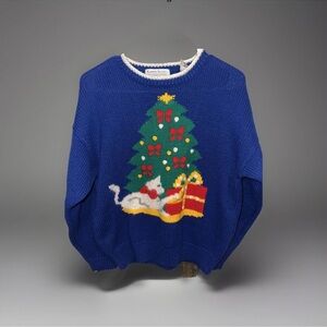 Vintage Karen Scott Christmas Tree Sweater Knitted Cat W Present Sz M